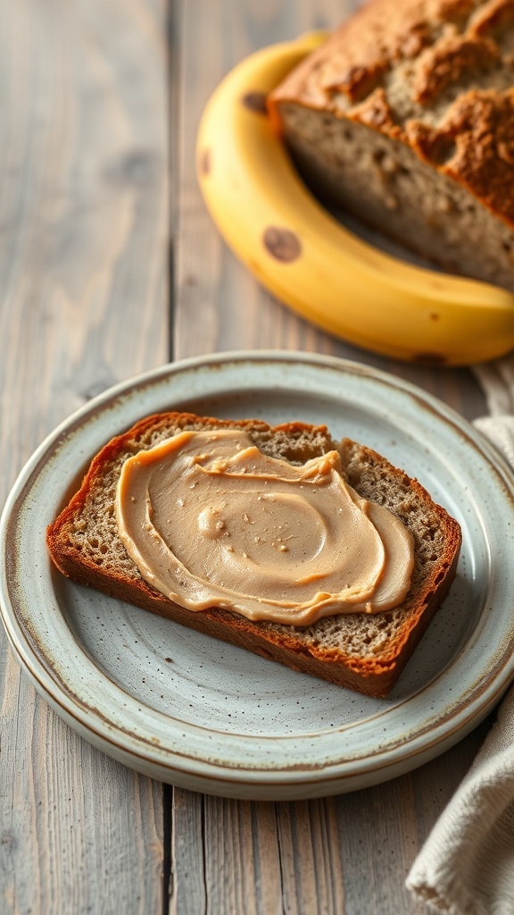 A slice of banana bread topped with almond butter on a plate, with a banana in the background.