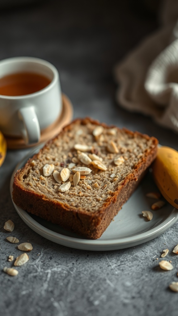 A slice of banana bread topped with almond slices on a plate, with a cup of tea in the background.