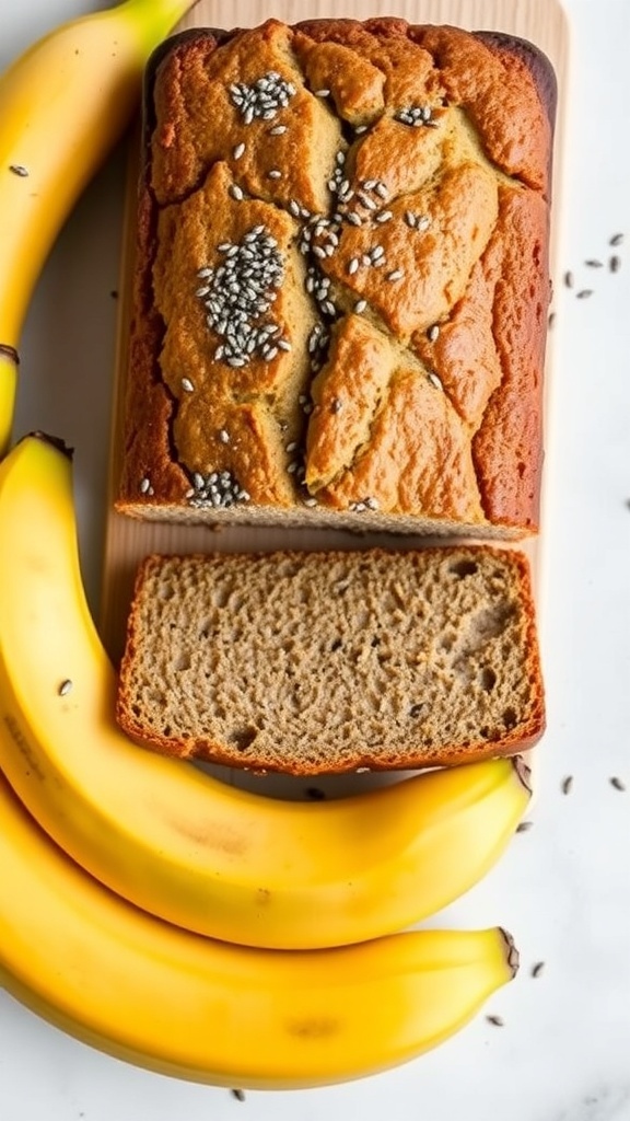 A loaf of banana bread with chia seeds, sliced, next to fresh bananas.