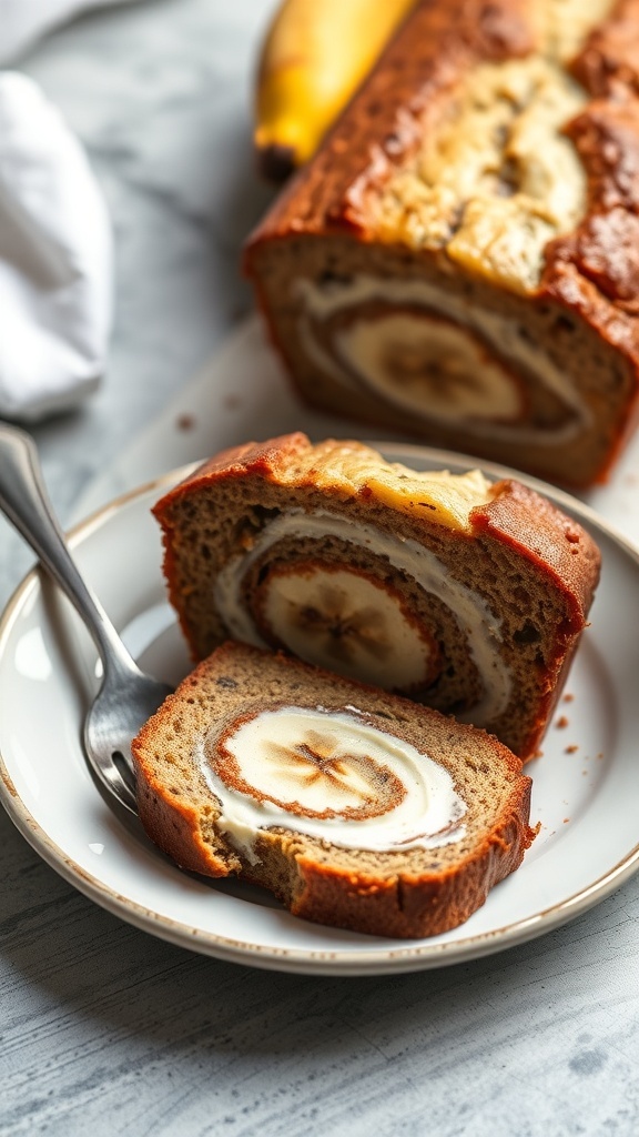 A slice of banana bread with a cream cheese swirl, showing the creamy filling and banana slices inside.