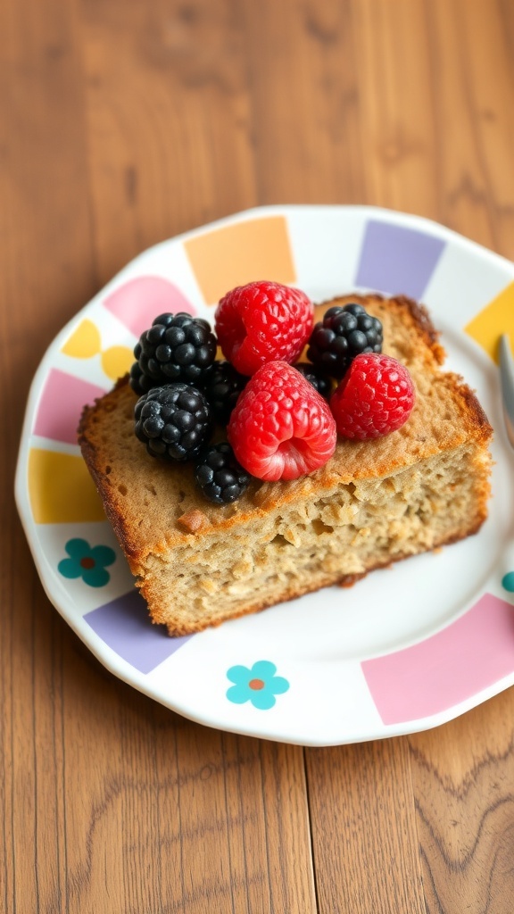 A slice of banana bread topped with fresh raspberries and blackberries on a colorful plate.