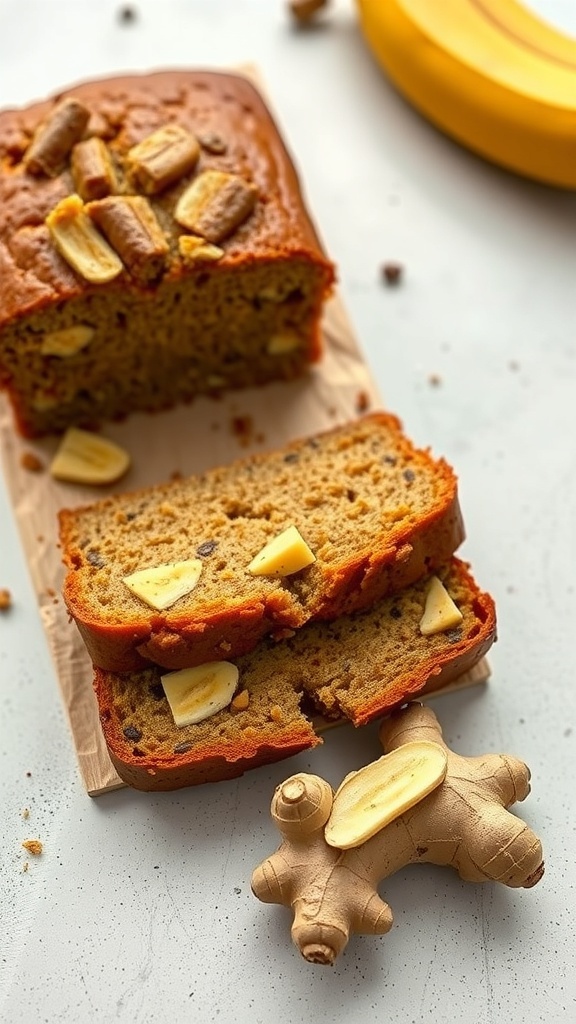 A loaf of banana bread with ginger, sliced to show its moist interior, with chunks of banana and ginger root beside it.