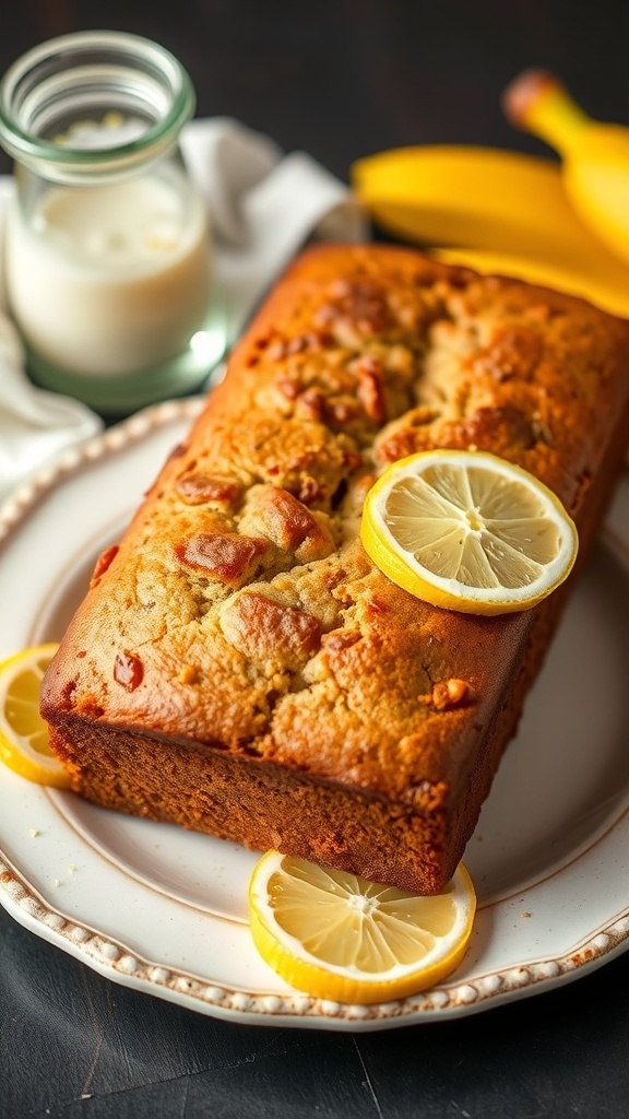 A loaf of banana bread topped with lemon slices, placed on a decorative plate with a jar of milk and bananas in the background.