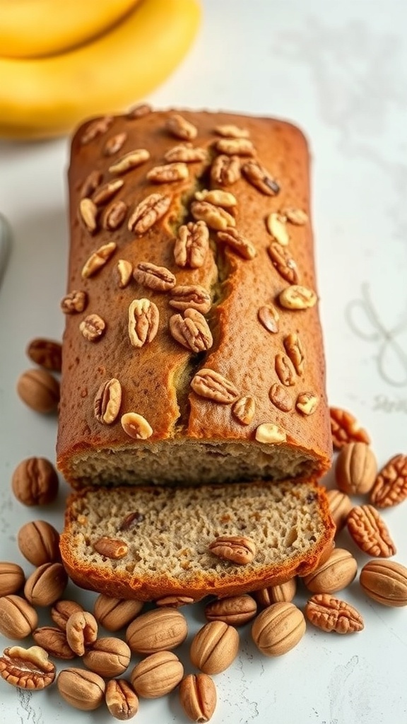 A loaf of banana bread topped with mixed nuts, sliced and surrounded by whole nuts, with bananas in the background.