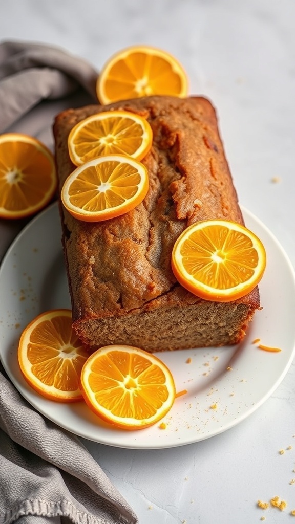 A loaf of banana bread topped with orange slices, placed on a white plate with a gray cloth beside it.