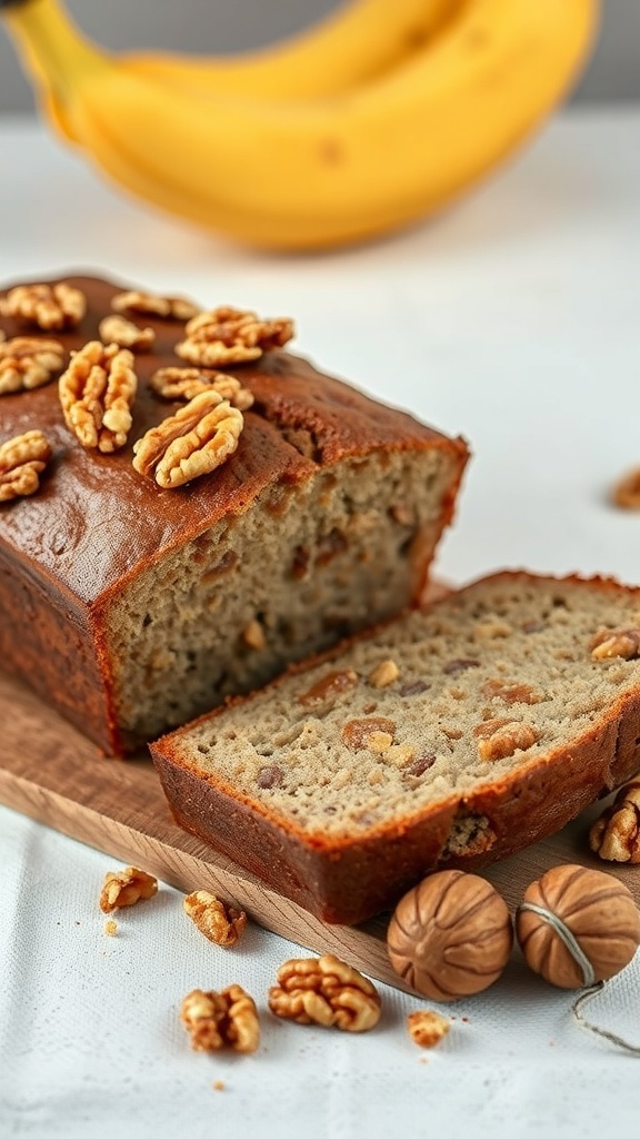 A loaf of banana bread with walnuts, sliced to show its moist interior, with a banana in the background.