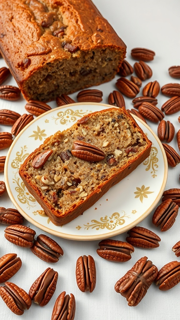 A loaf of banana nut bread with pecans, sliced and served on a decorative plate, surrounded by whole pecans.