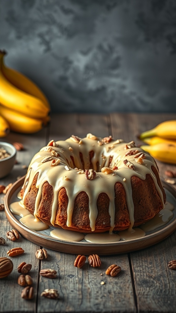 A bundt cake topped with maple glaze and pecans, surrounded by bananas and scattered nuts.