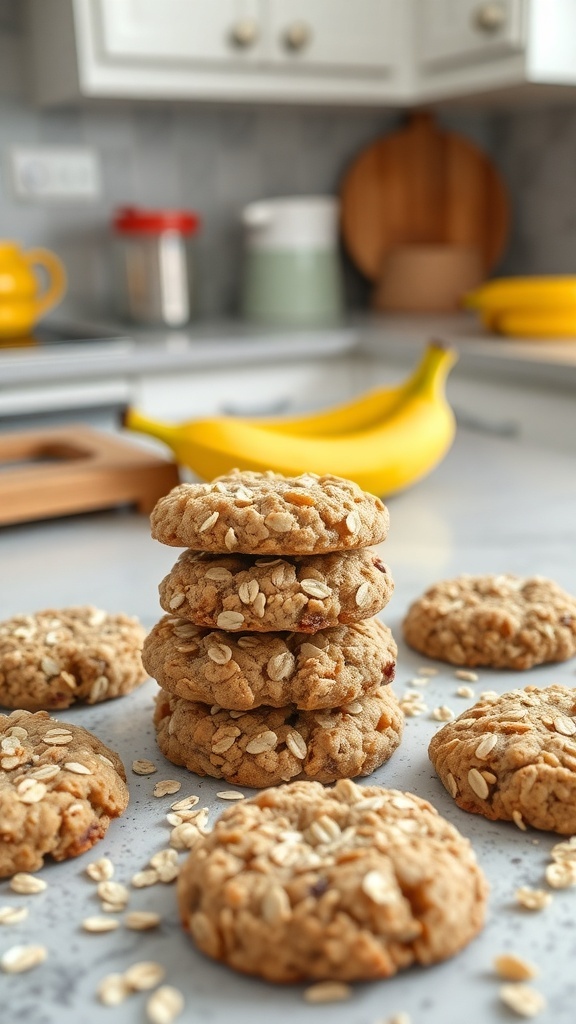 A stack of banana oatmeal cookies with oats scattered around, fresh bananas in the background.