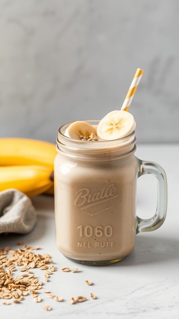 A banana oatmeal smoothie in a mason jar, topped with banana slices and oats, with bananas in the background.