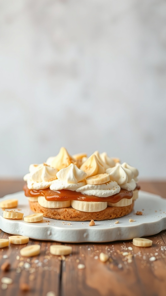 A delicious banoffee pie topped with whipped cream and banana slices, served on a white plate.