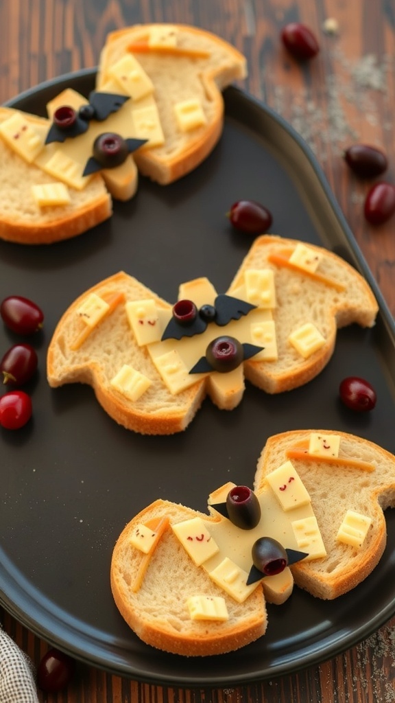 Three bat-shaped sandwiches with different fillings and colors, decorated with olives and cherry tomatoes.