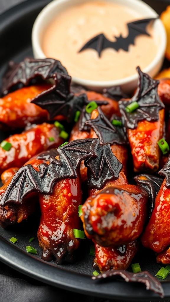 A plate of bat wings, resembling rolled snacks wrapped in black, served with a dipping sauce.