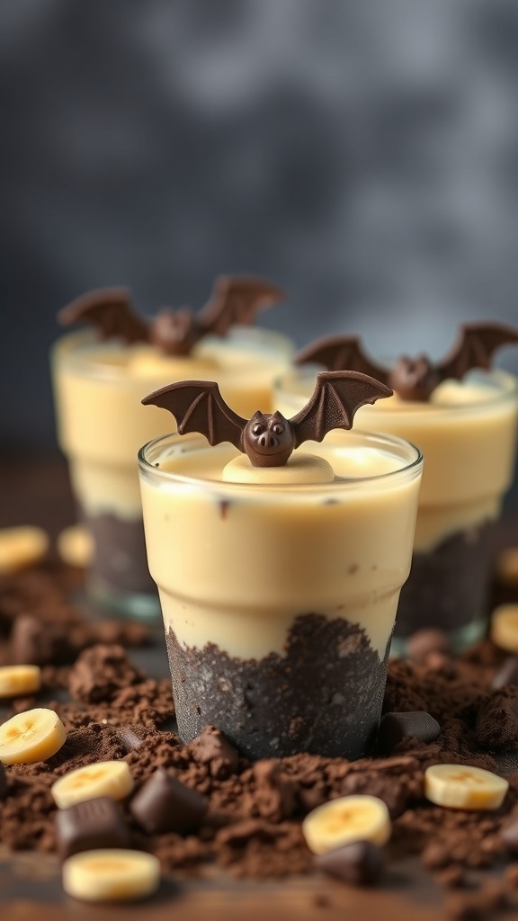 Three Batty Banana Pudding Cups with chocolate bat decorations on top, surrounded by crushed cookies and banana slices.
