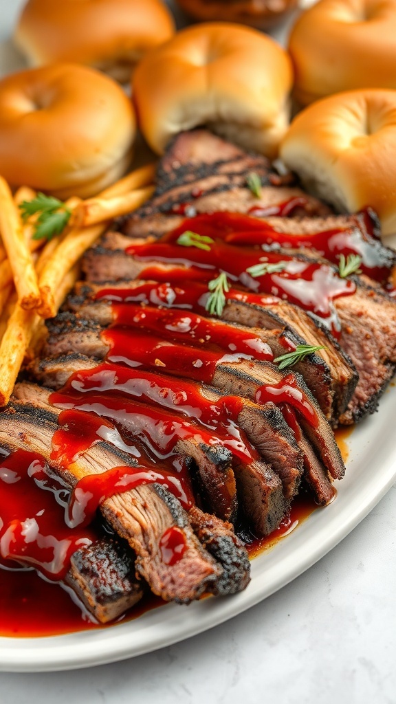 Sliced BBQ beef brisket with sauce, served with buns and fries.