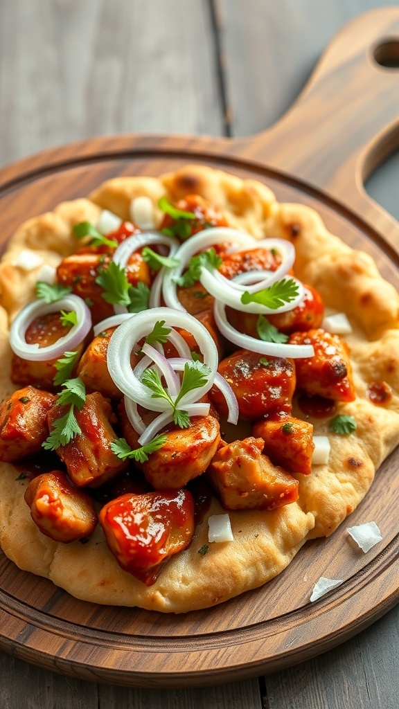 BBQ chicken flatbread topped with onions and cilantro on a wooden serving board.
