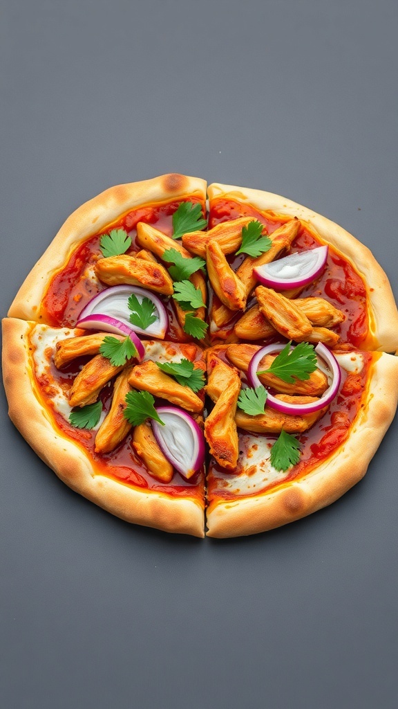 BBQ chicken pizza topped with red onions and parsley