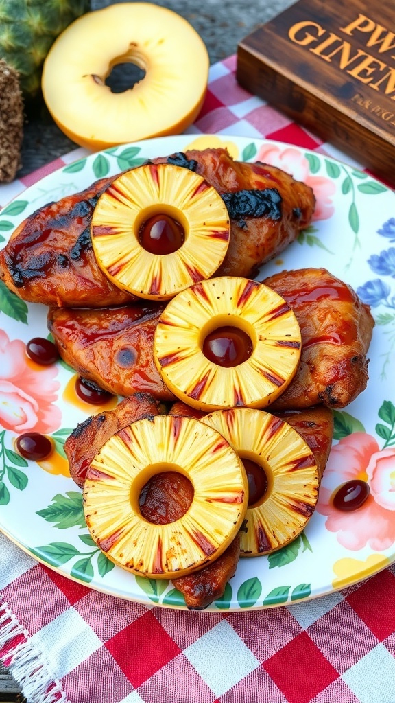 BBQ chicken thighs with pineapple on a colorful plate, garnished with barbecue sauce.