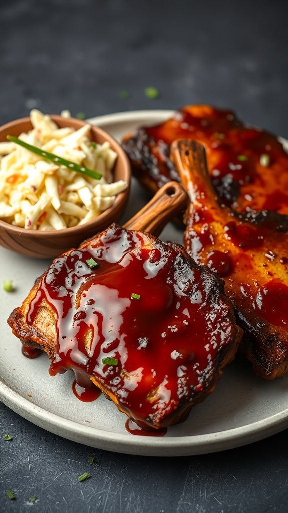 BBQ pork chops with coleslaw on a plate