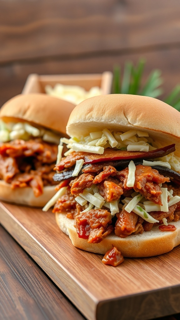 BBQ pulled pork sandwiches with coleslaw on a wooden serving board.