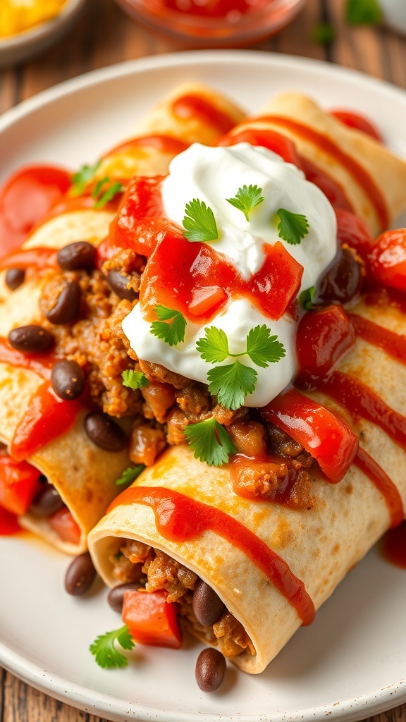 A plate of beef and bean burritos topped with diced tomatoes and sour cream.