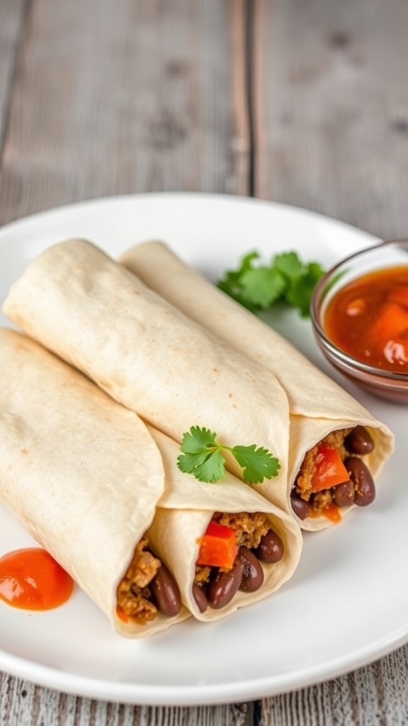 Two beef and bean burritos on a plate with salsa and cilantro