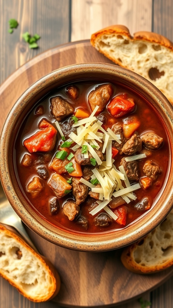 A bowl of beef and beer chili topped with cheese and herbs, served with slices of bread.
