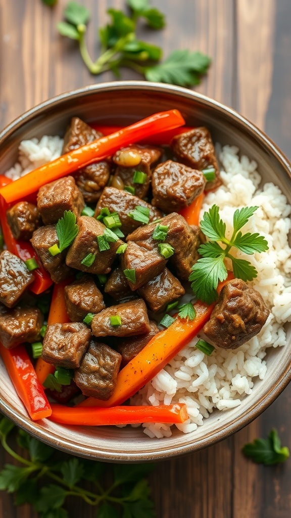 A bowl of beef and bell pepper stir-fry served over rice, garnished with cilantro.