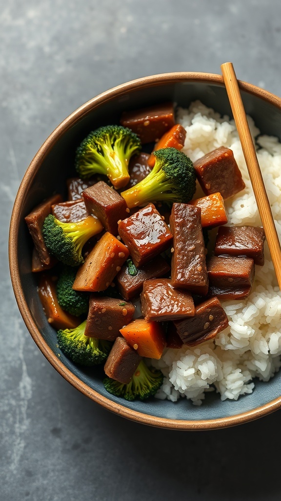 A bowl of Beef and Broccoli Stir-Fry served over rice, featuring tender beef, bright green broccoli, and chopsticks.