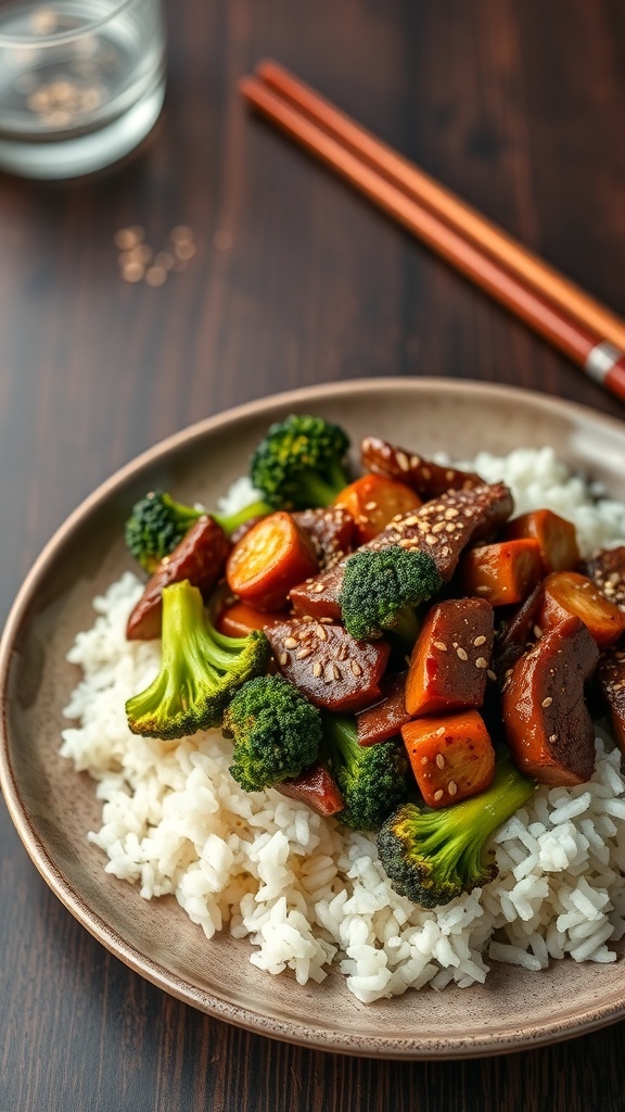 A plate of beef and broccoli stir-fry served over white rice, garnished with sesame seeds.