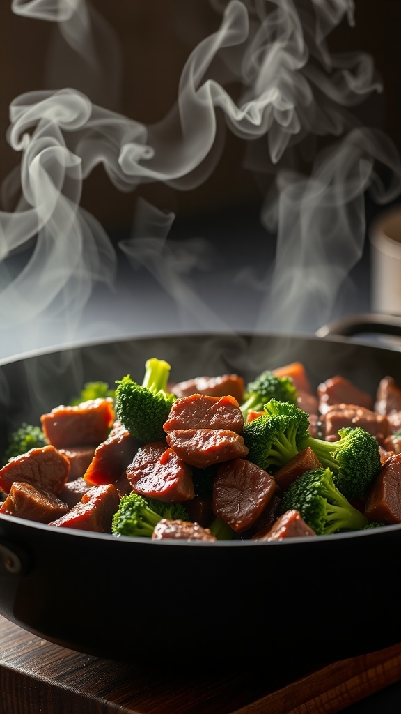 A skillet with beef and broccoli stir fry, steam rising from the dish.