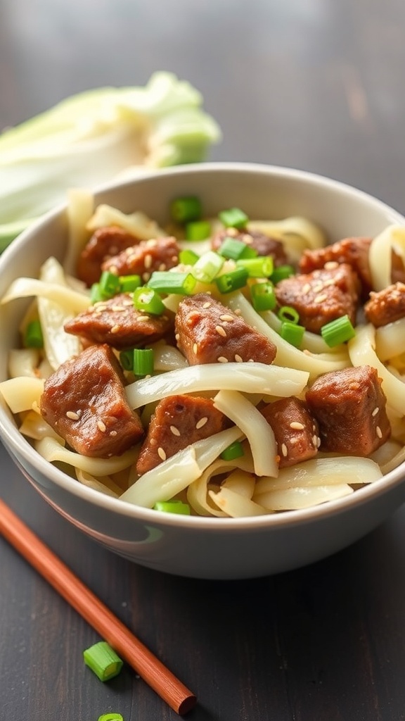 A bowl of beef and cabbage stir-fry with noodles and green onions