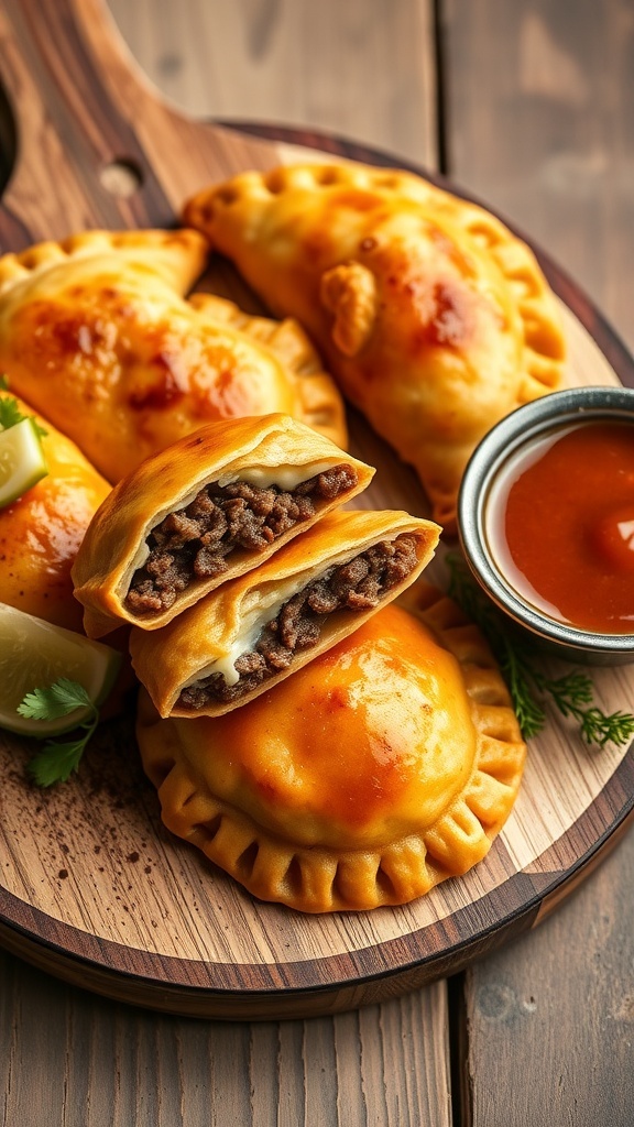 A plate of beef and cheese empanadas, some whole and one cut in half, with a bowl of dipping sauce and a lemon wedge.