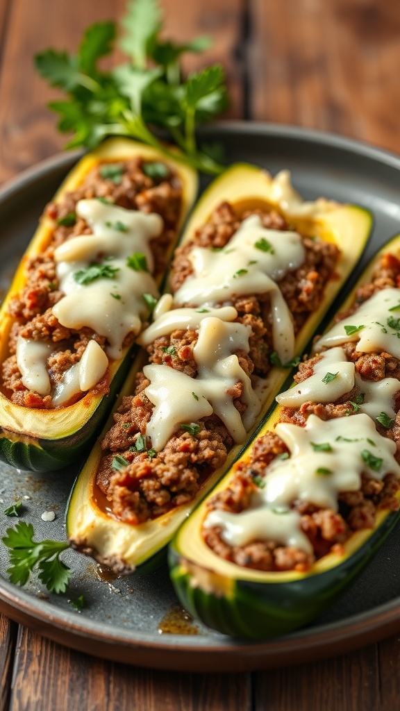 Beef and cheese stuffed zucchini boats on a plate, garnished with fresh herbs.