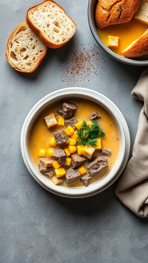 A bowl of beef and corn chowder with chunks of beef and corn, garnished with herbs, alongside slices of bread.