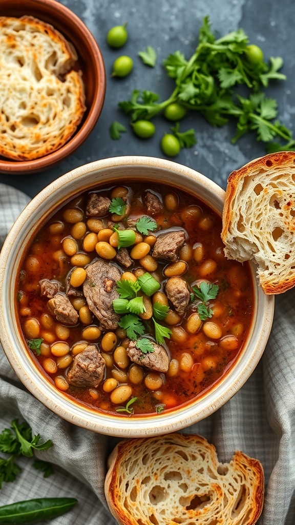 A bowl of beef and lentil soup with fresh herbs and slices of bread