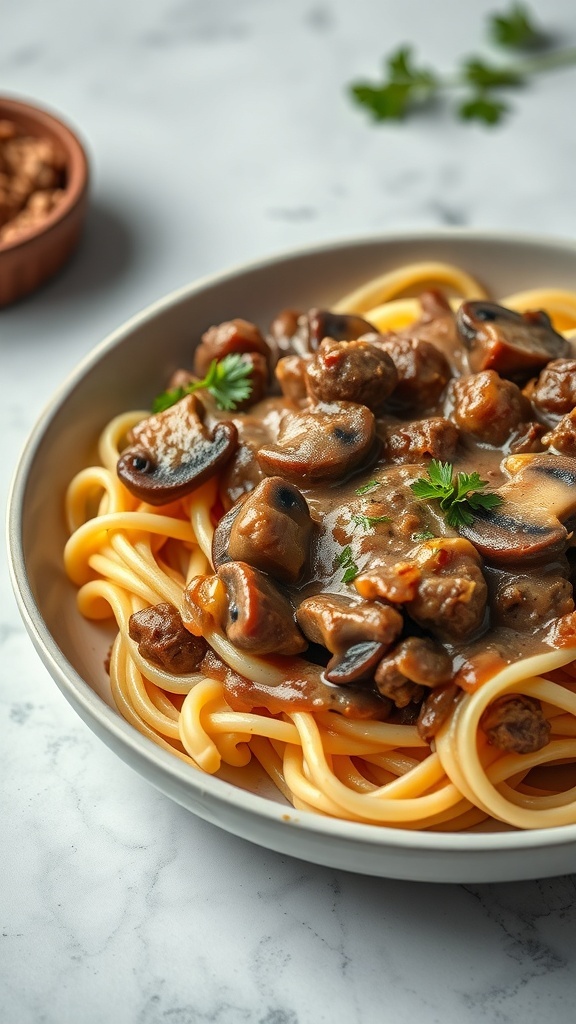 A plate of spaghetti topped with beef and mushroom stroganoff, garnished with parsley.