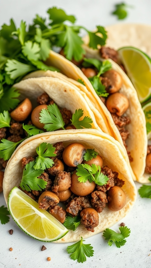 Delicious beef and mushroom tacos with fresh cilantro and lime