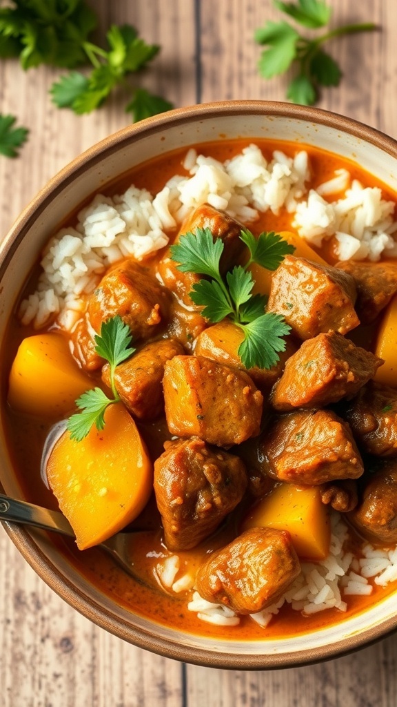 A bowl of beef and potato curry served with rice, garnished with cilantro.