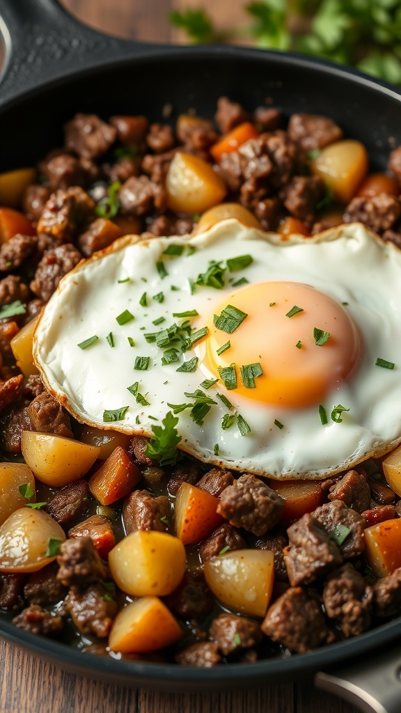 A skillet filled with beef and potato hash topped with a fried egg and garnished with herbs.