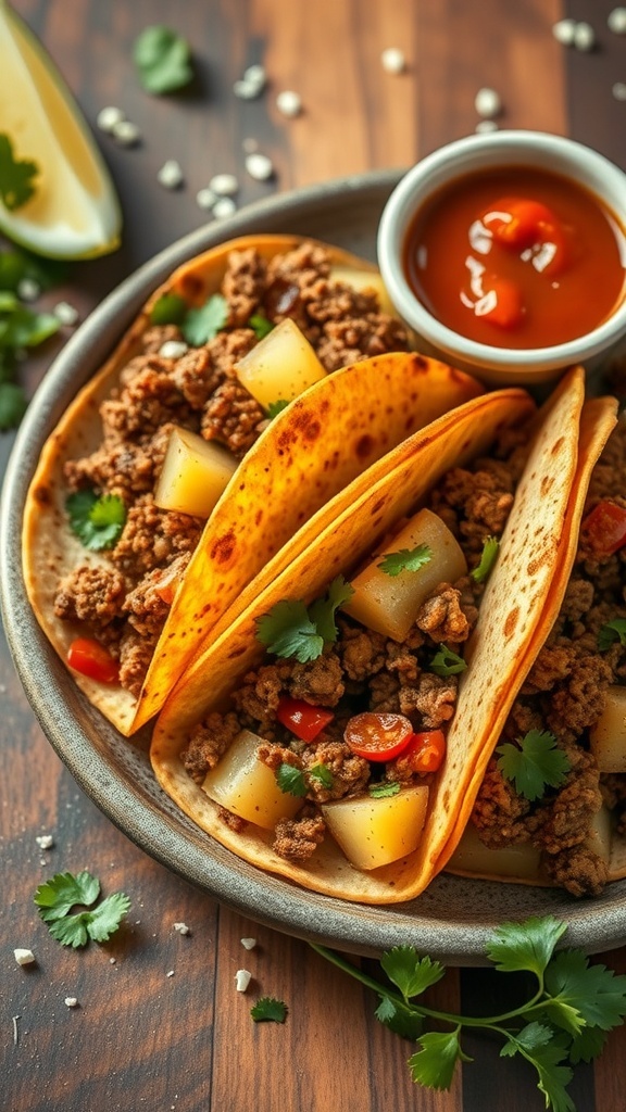 Two beef and potato tacos on a plate with cilantro and a side of salsa