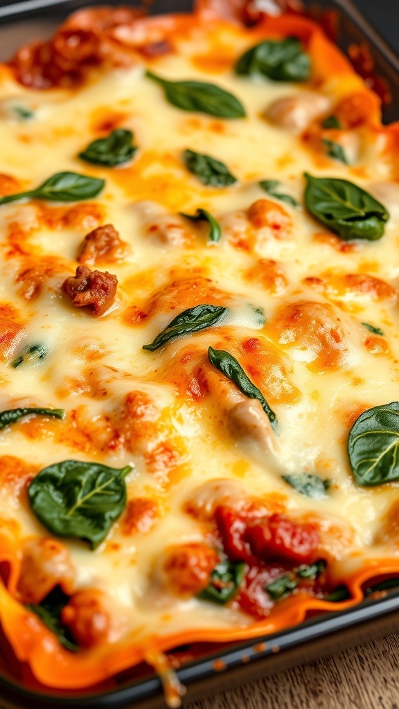 A close-up of a delicious beef and spinach lasagna, with melted cheese and fresh spinach on top.