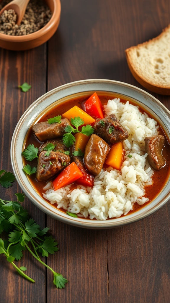 A bowl of beef and vegetable curry served with rice, garnished with fresh cilantro.