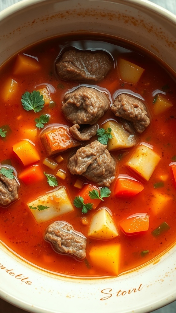 A bowl of beef and vegetable soup with chunks of beef, carrots, potatoes, and herbs.