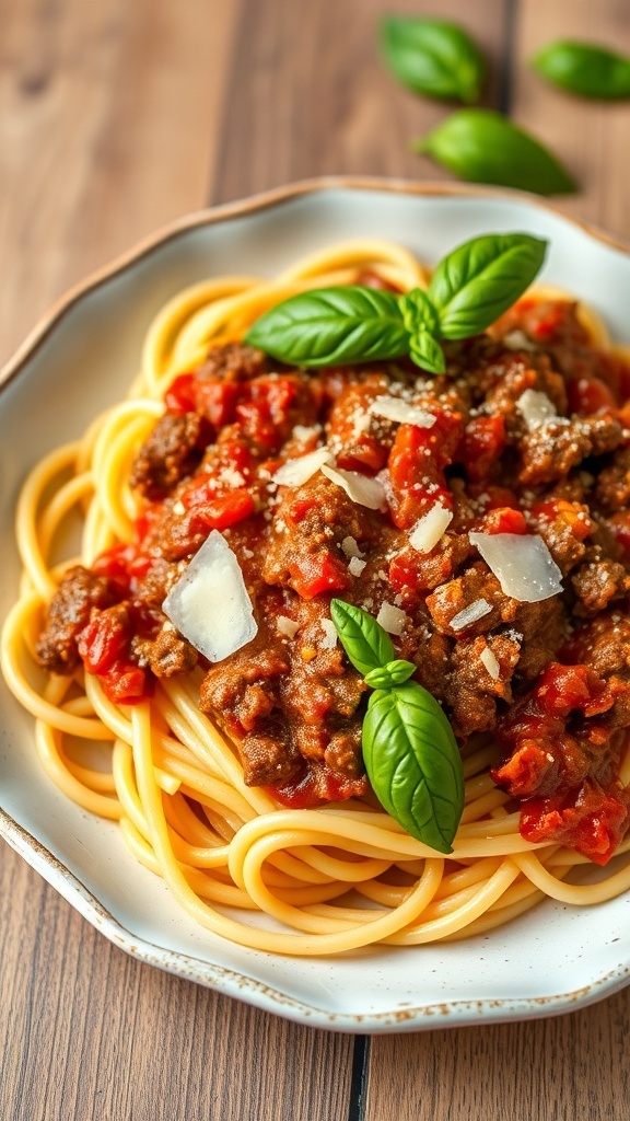 A plate of spaghetti topped with beef Bolognese sauce, garnished with basil leaves and cheese.