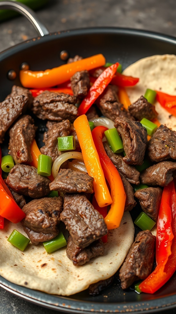 A skillet filled with beef, colorful peppers, and onions on tortillas.