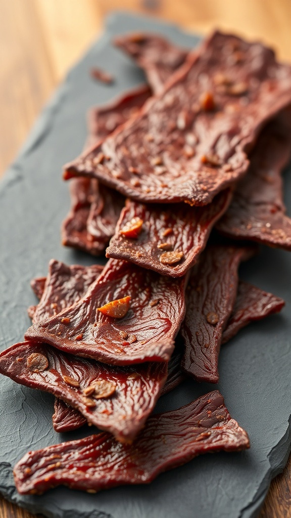 A close-up of beef jerky strips on a dark surface.