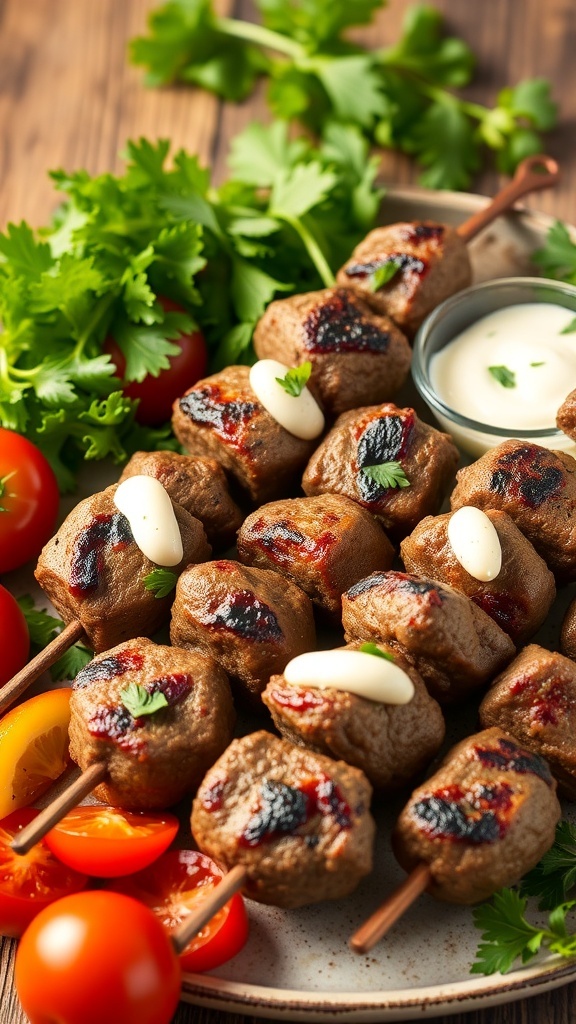 Grilled beef kofta kebabs on skewers with fresh herbs and cherry tomatoes, served with tzatziki sauce.