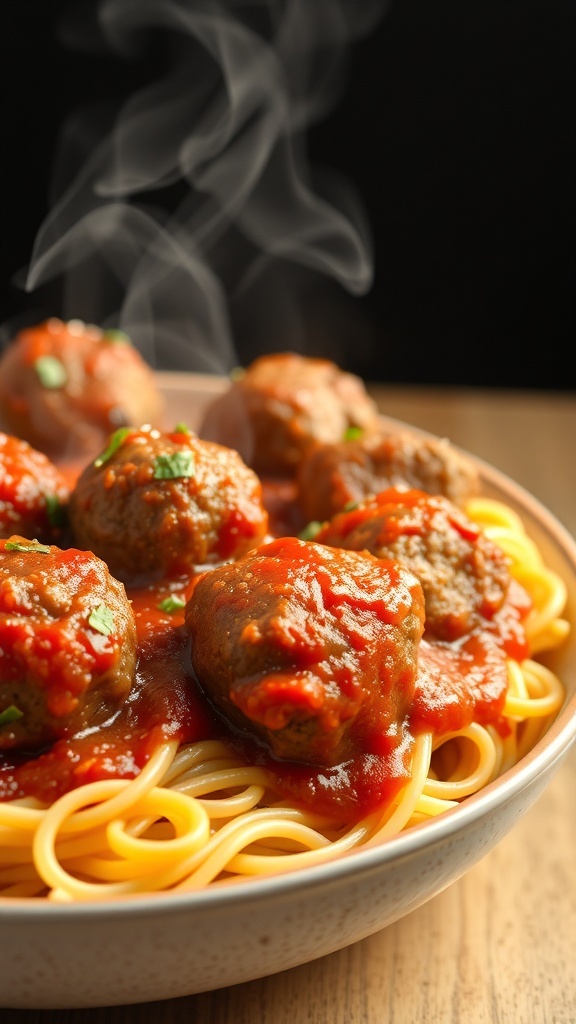 A bowl of spaghetti topped with beef meatballs and marinara sauce, with steam rising from the dish.