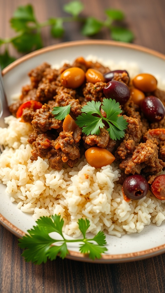 A plate of Beef Picadillo served over rice, garnished with cilantro and olives.